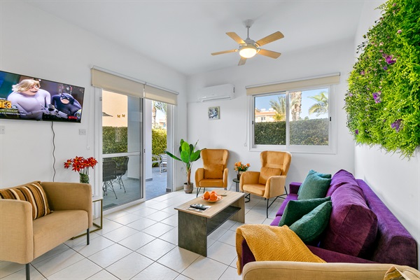 Living area comfortably seats up to 7 people. Has a smart TV with streaming services