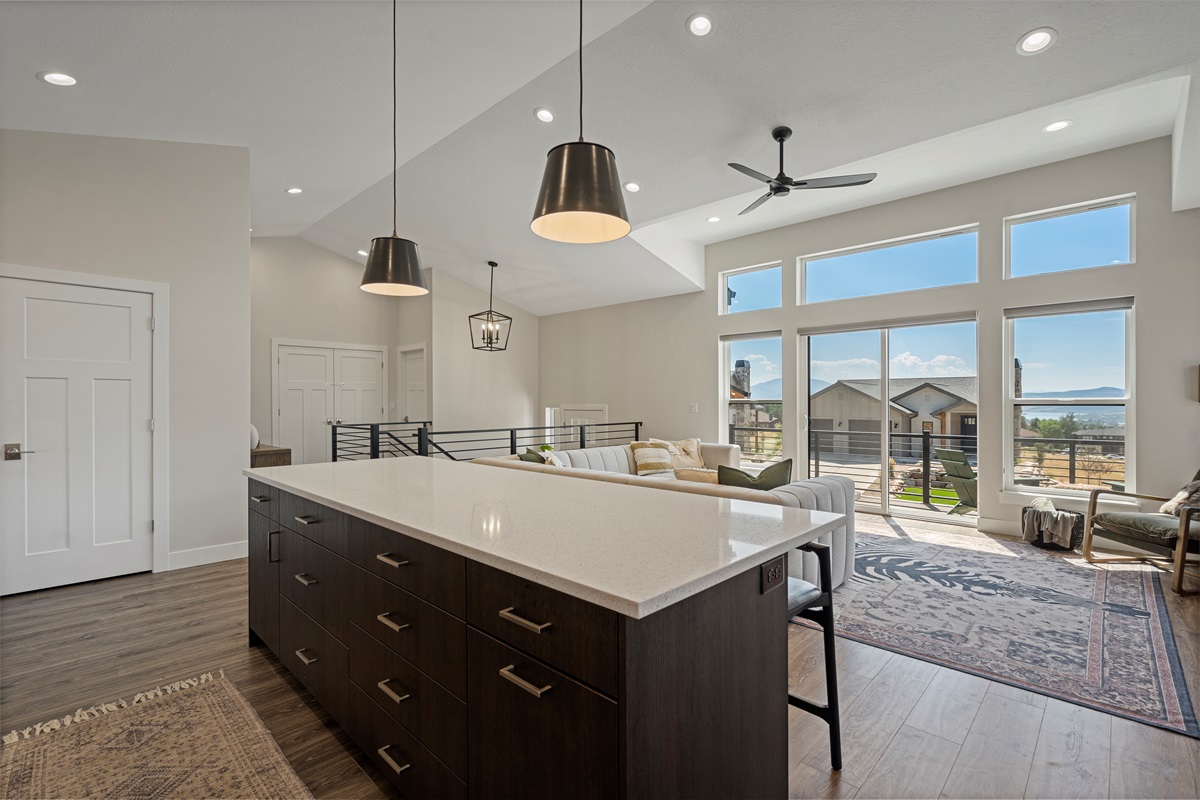 Large kitchen island with seating—perfect for meals, prep, or socializing.
