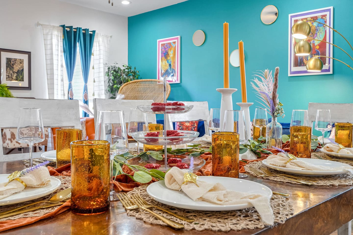 Large dining table seats your group. Message us-we can provide custom bachelorette or event decor!