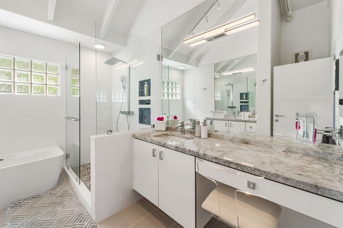 Primary bathroom with tub and shower