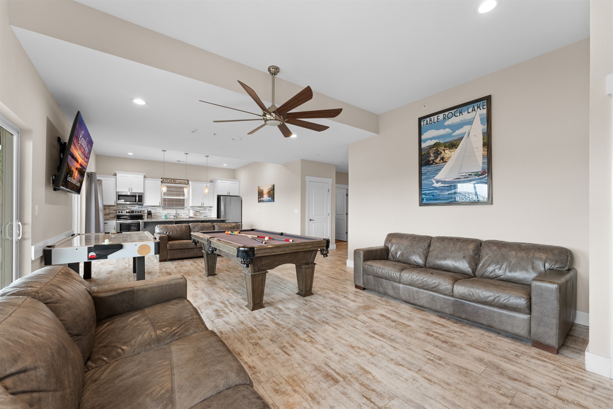 Game Room with Pool Table, Air Hockey Table, 3 Big Couches, and 75" TV!