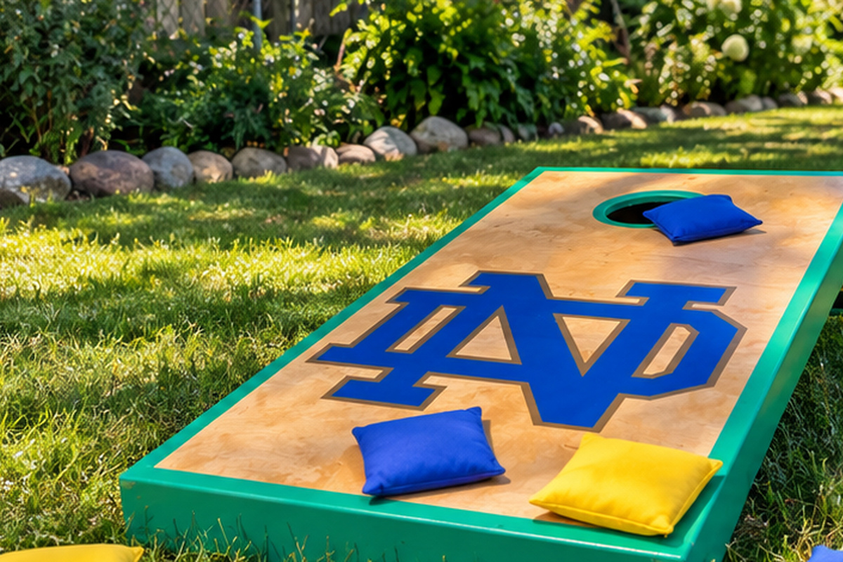 A little Fighting Irish fun in the backyard—custom Notre Dame cornhole is ready for game day!