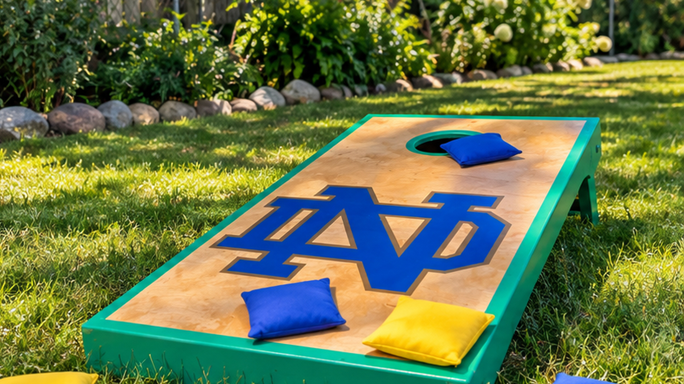 A little Fighting Irish fun in the backyard—custom Notre Dame cornhole is ready for game day!