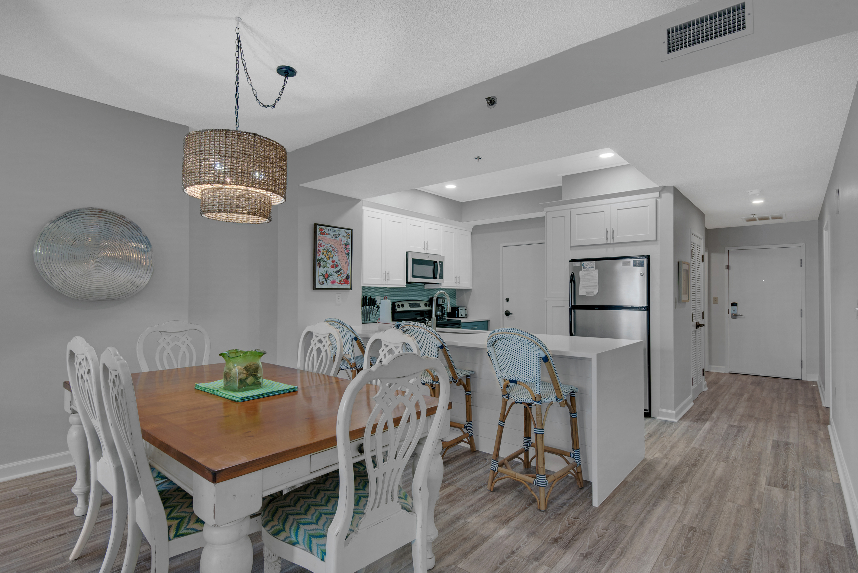 Open dining area and updated kitchen.