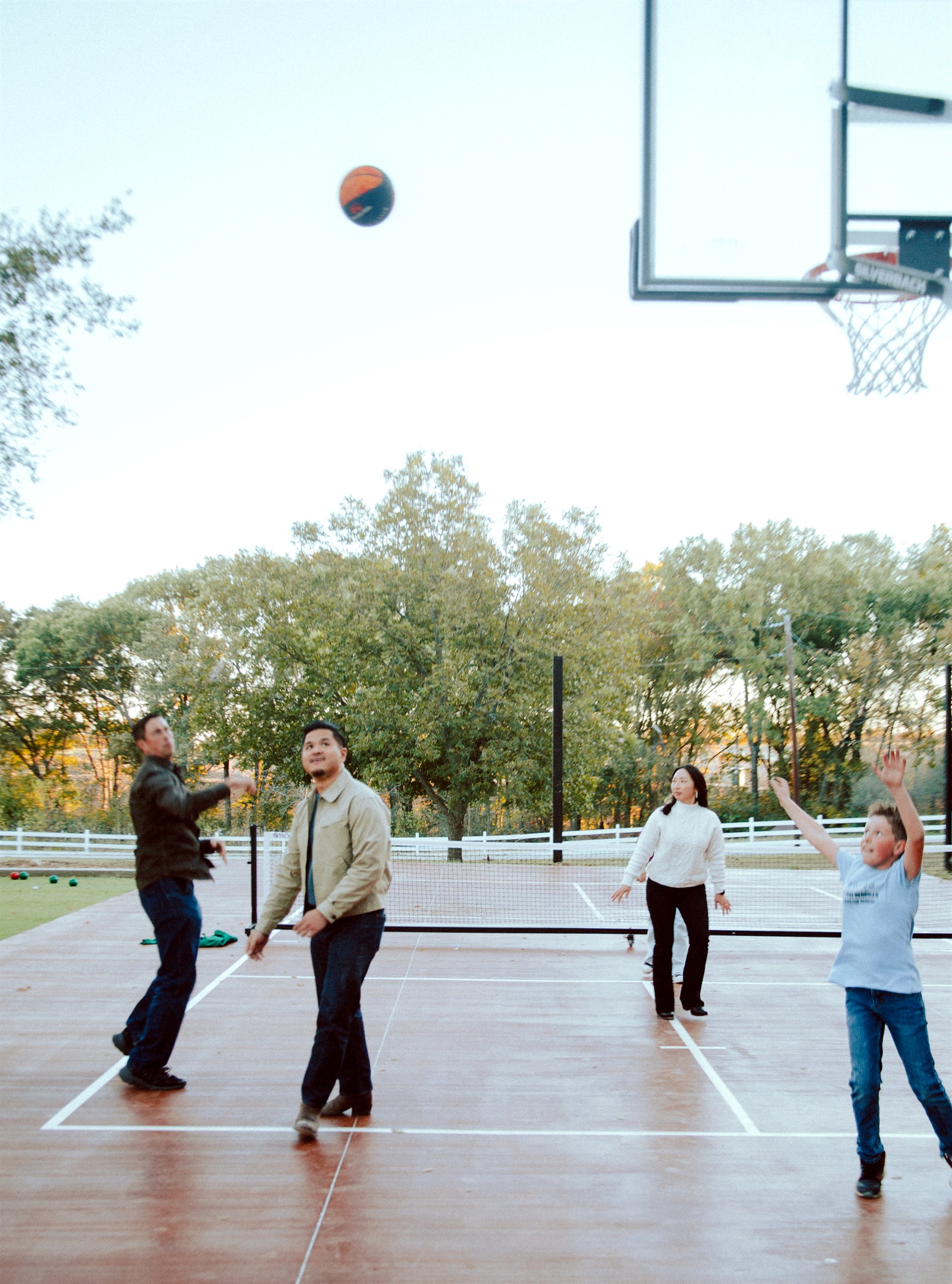 Lighted court for pickle ball and basketvball