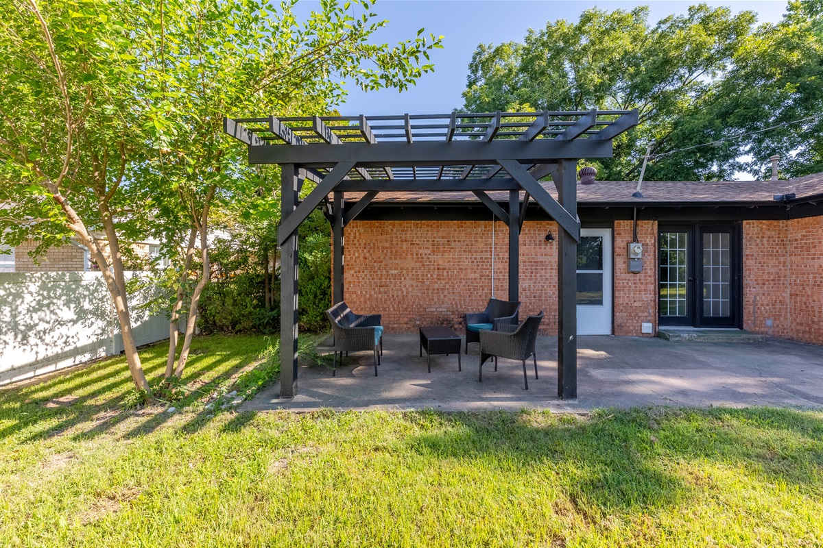 Relax under the stars on the patio with a propane fire pit and seating for four.