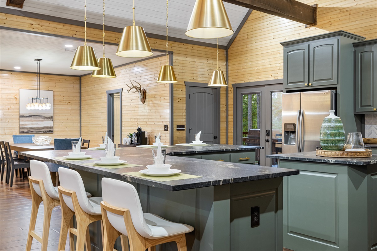Indulge in the cabin's coffee bar. Enjoy freshly steeped French press coffee and embrace nature's beauty on the spacious back deck.