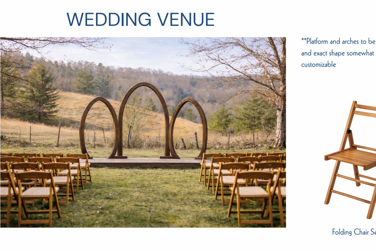 A stunning outdoor wedding venue and event space featuring a customizable arch set against a picturesque forest backdrop. This mountain-view ceremony site includes rows of elegant folding chairs, perfect for intimate destination weddings!