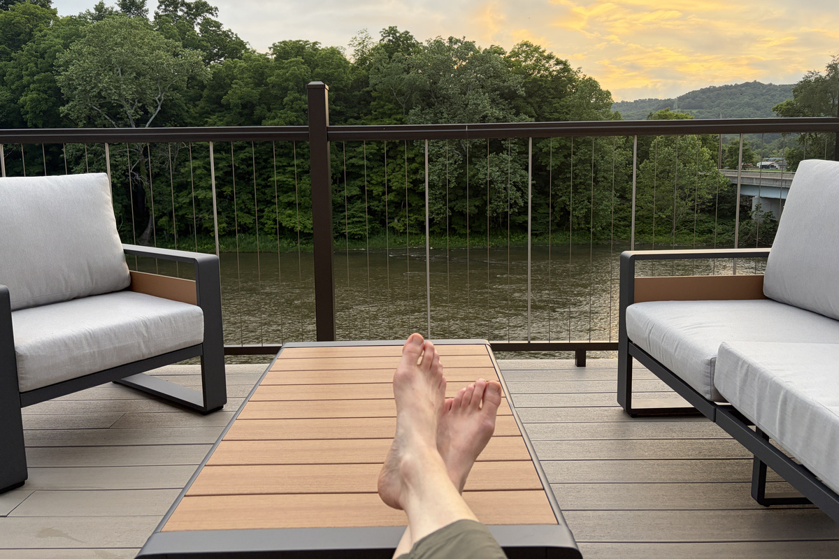 relaxing on the riverside deck