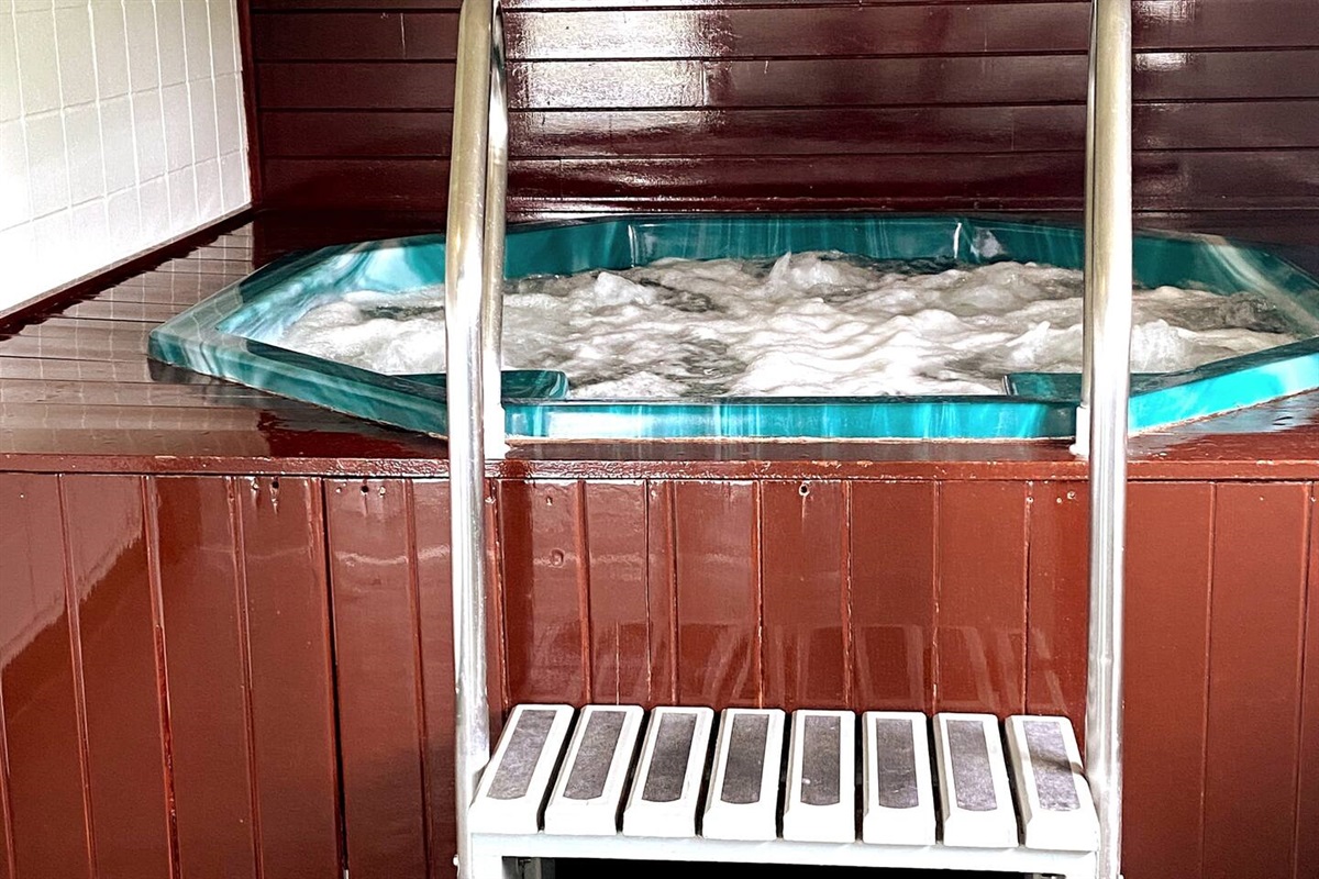 Indoor hot tub, open year round!