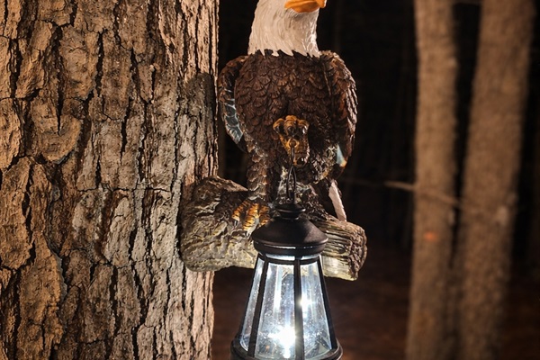 A charming eagle lantern lights the forest path, adding a warm glow and thoughtful detail that reflects the spirit and romance of Eagle Retreat.