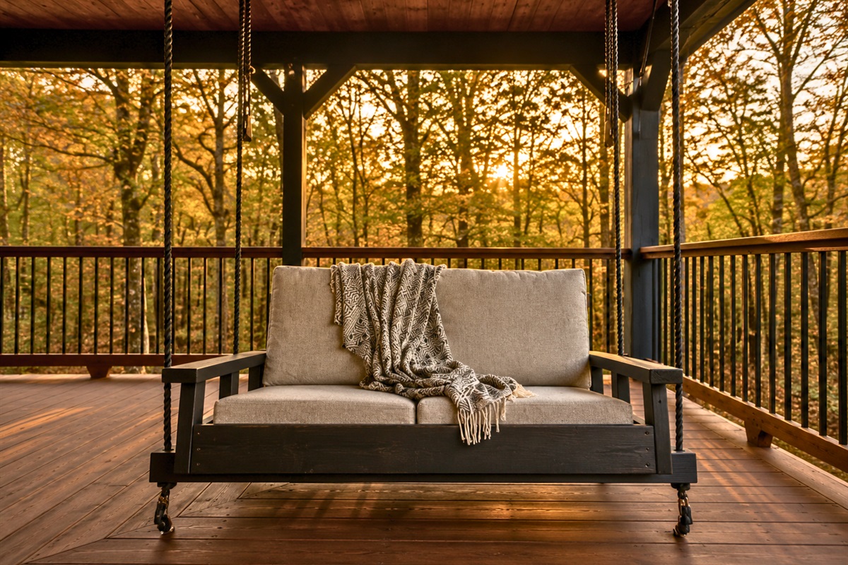 Hanging gently beneath the covered deck, the porch swing adds another cozy place to enjoy the quiet forest setting.