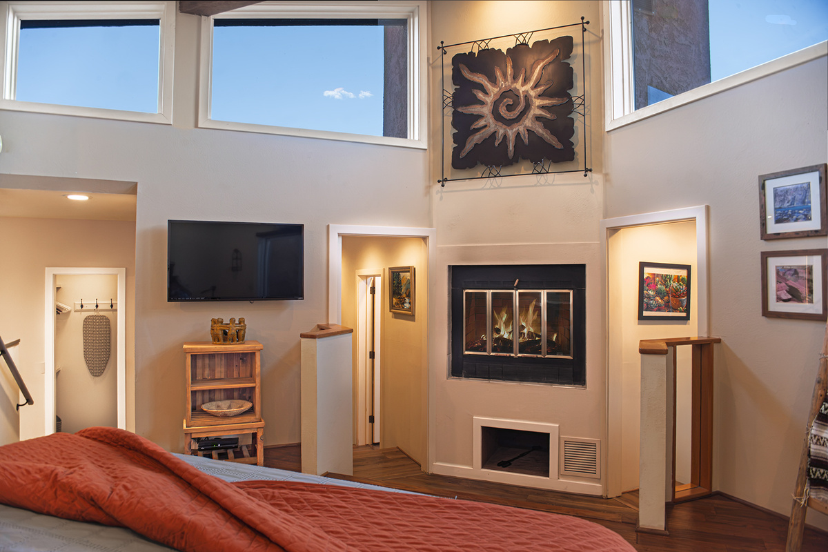 Cozy, comfy and a fireplace too.