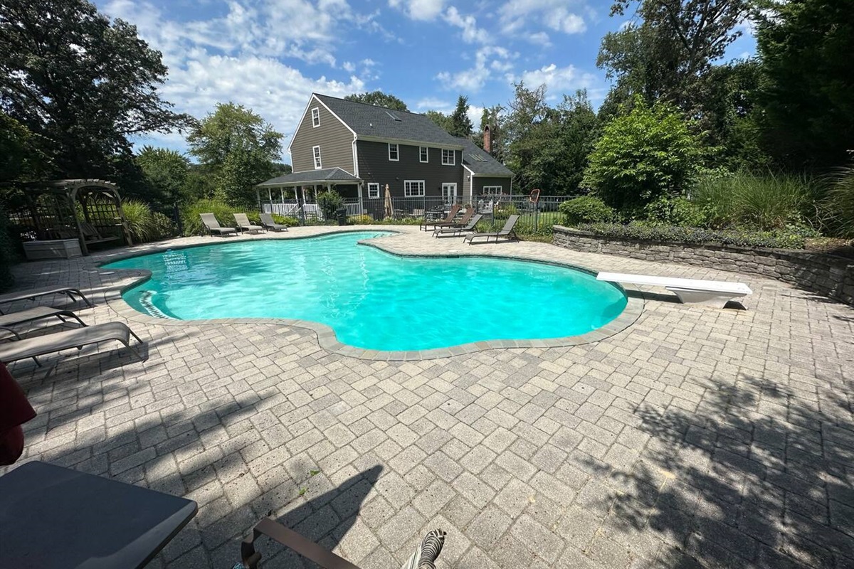 Curved pool has lots of seating area, and areas to sit in the pool while watching others (diving end side left, and circular cove in the back)