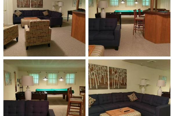 60" TV, pool table, foosball, bar.