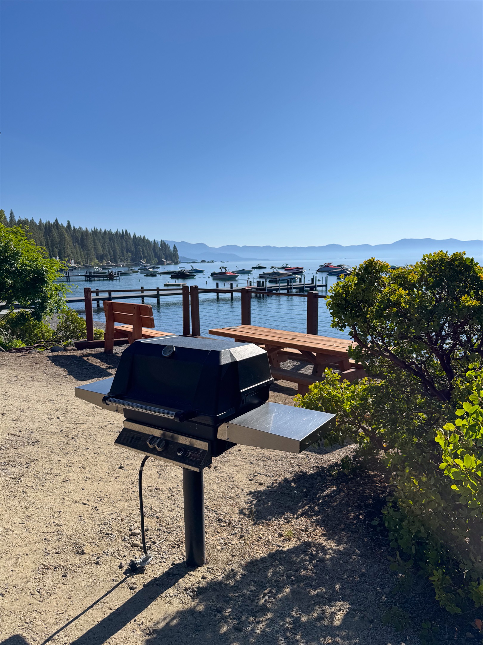 Grills and picnic benches can be reserved at the private park. Visit the park office to reserve them.