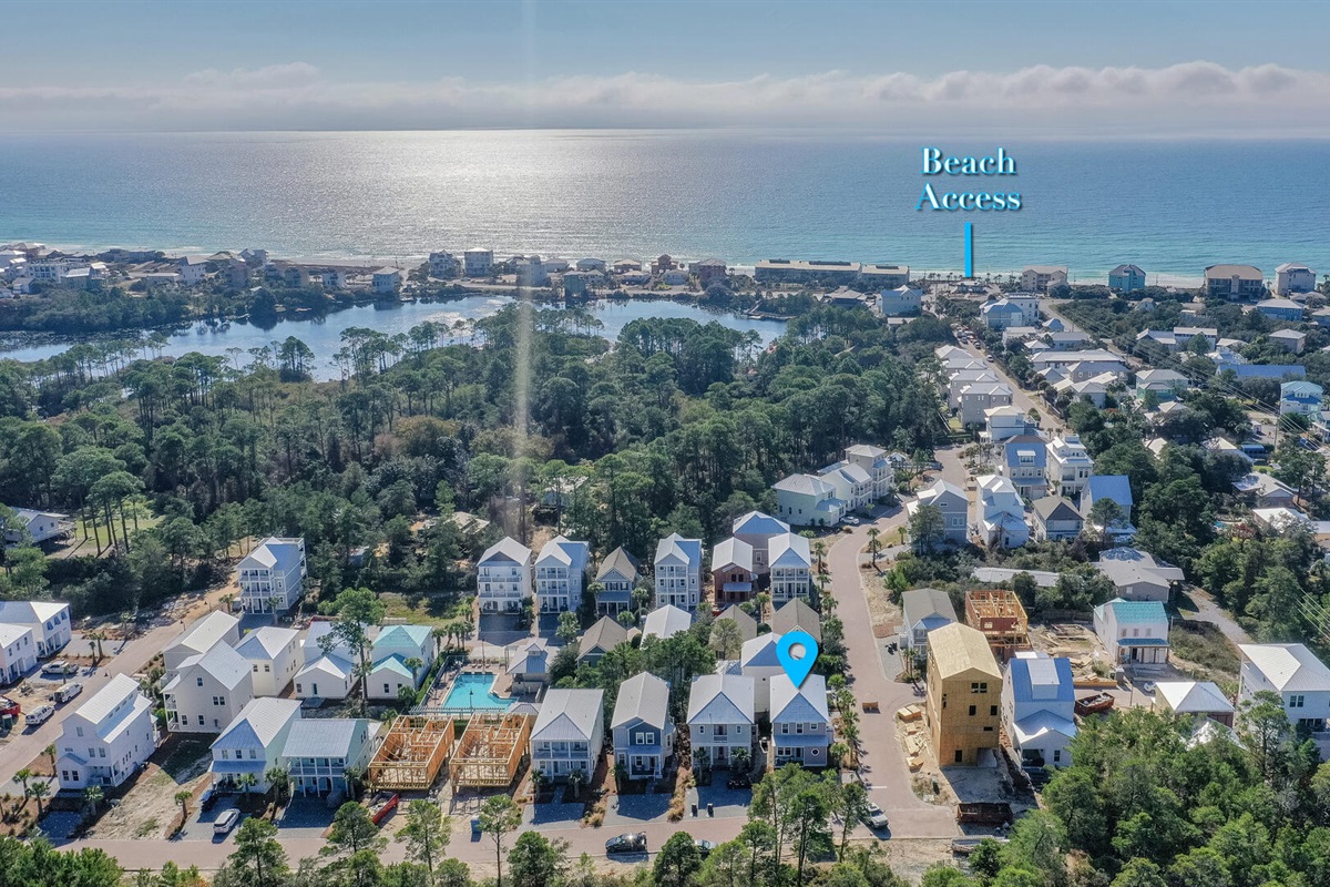 1 block from pool, 7 minute walk to the public beach access with restrooms and only 3 minutes in the golf cart. 