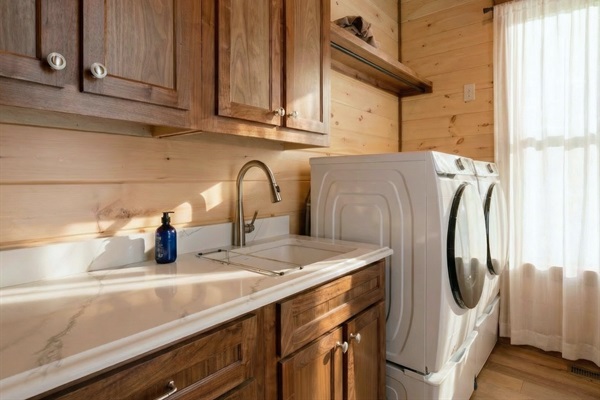 A convenient laundry room with washer and dryer, making it easy to keep up with your vacation wardrobe.
