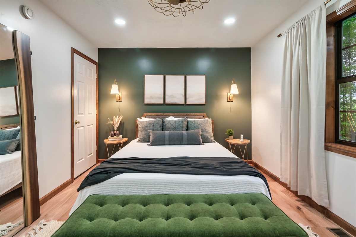 Bedroom has a 43" TV and plenty of storage space