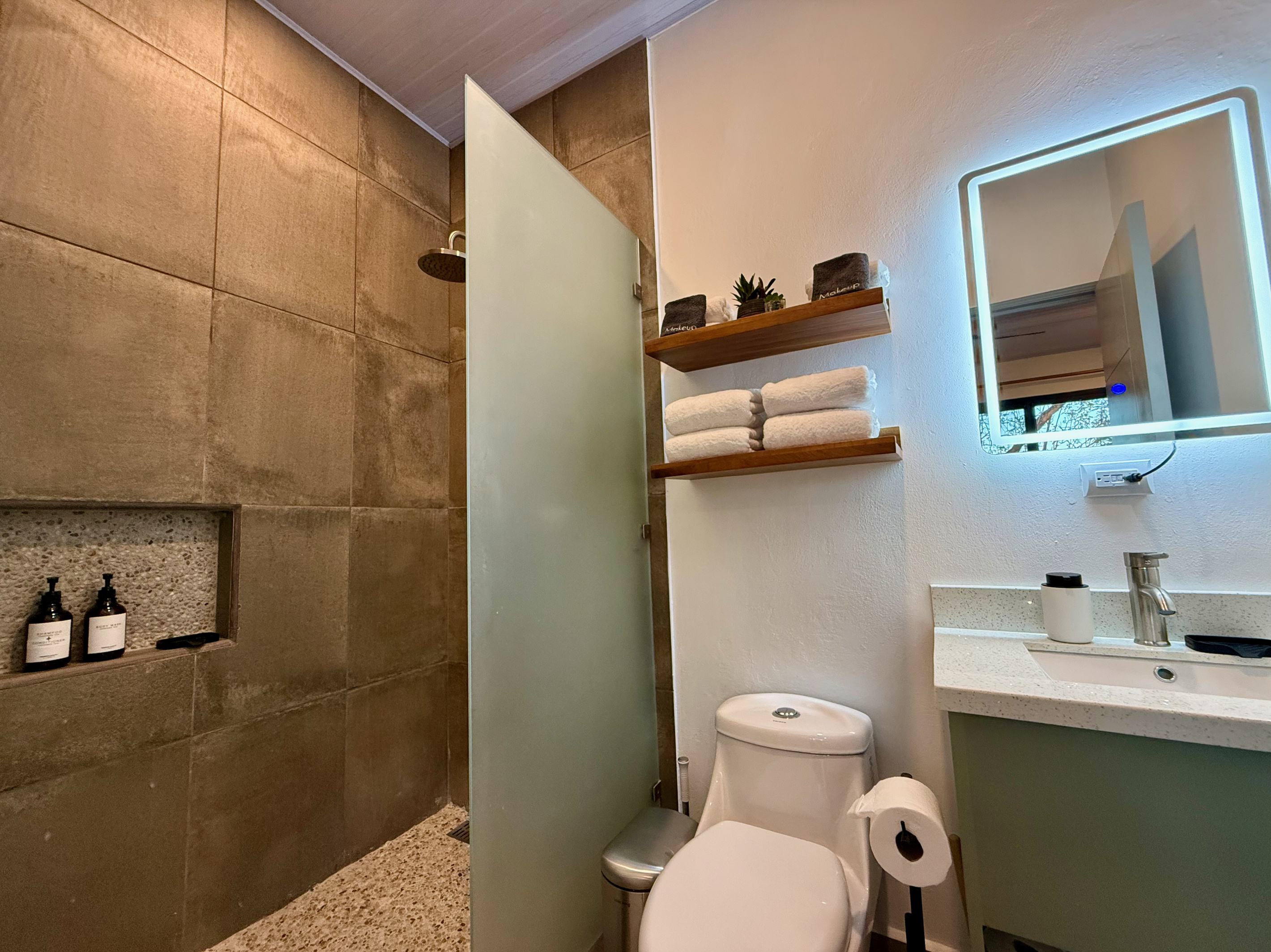 Ensuite. Rain shower, frosted glass, LED mirror