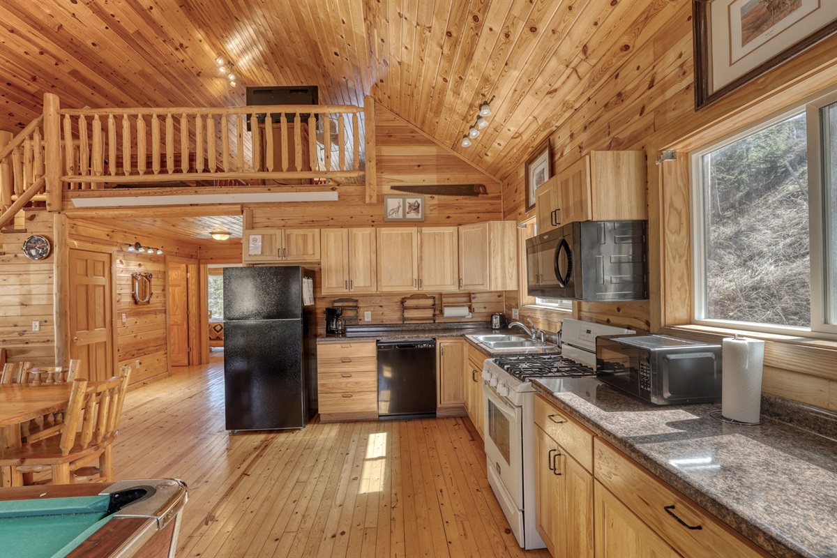 Kitchen with oven, stove and microwave