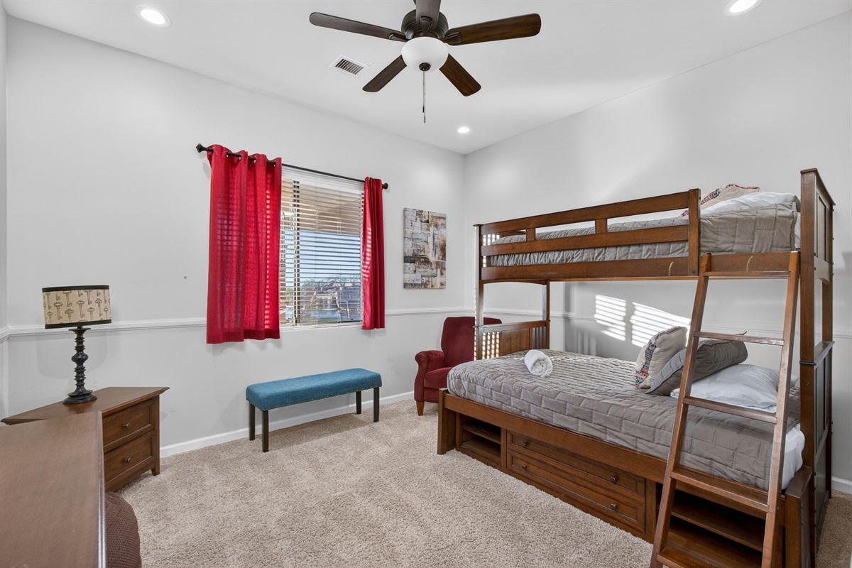 Family-friendly bunk room with twin-over-full beds perfect for kids, teens, or group stays