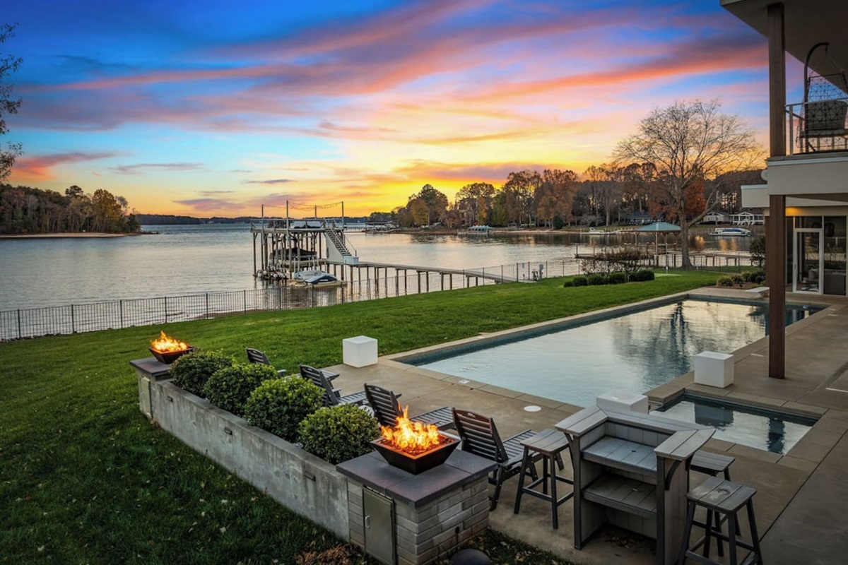 Firebowls lit up at dusk