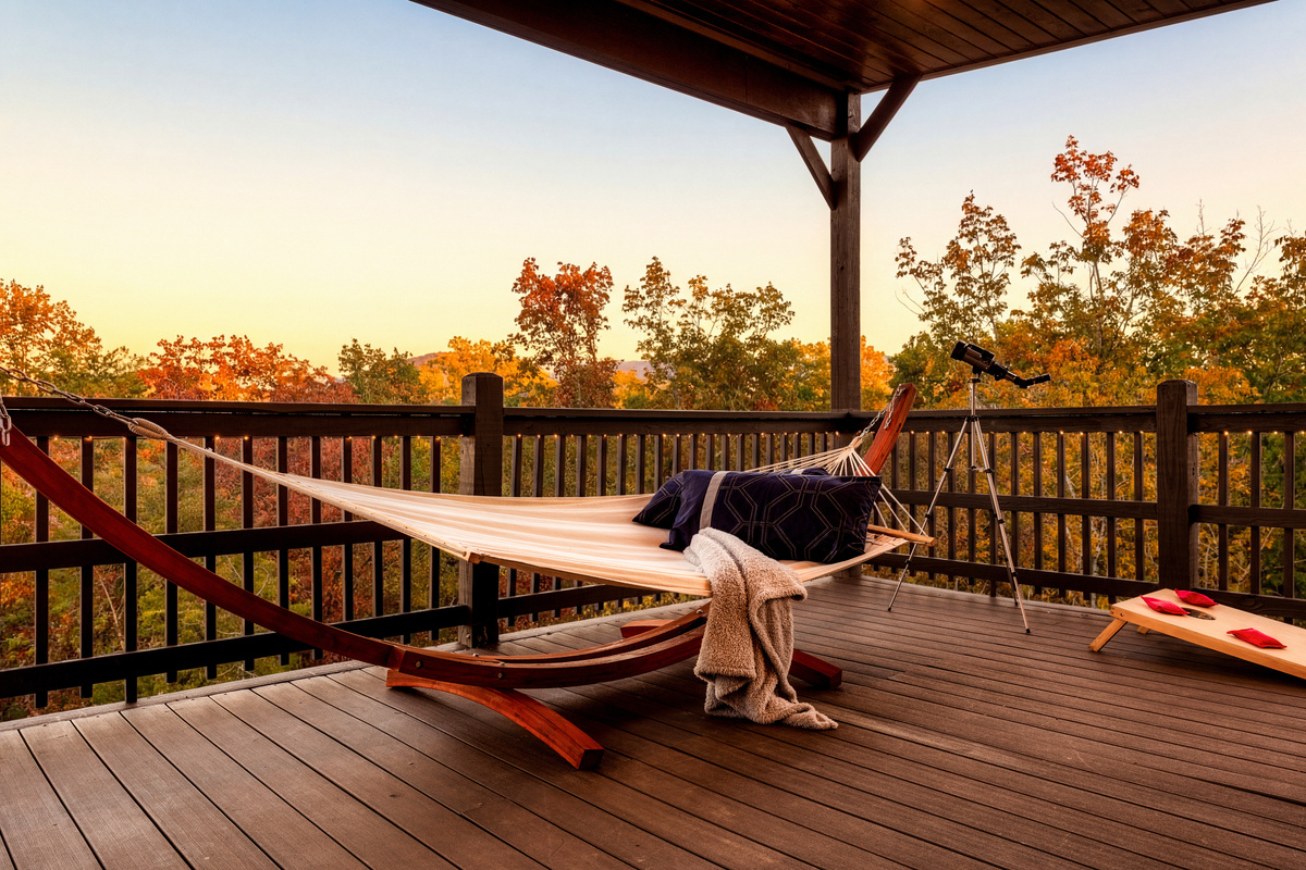 Get cozy in this hammock on the third floor Skydeck with relaxing mountain views!