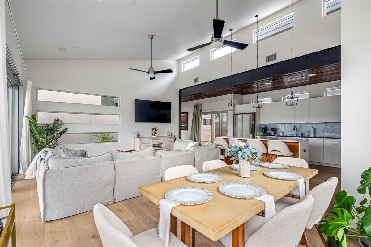 Spacious dining table ideal for group meals and celebrations