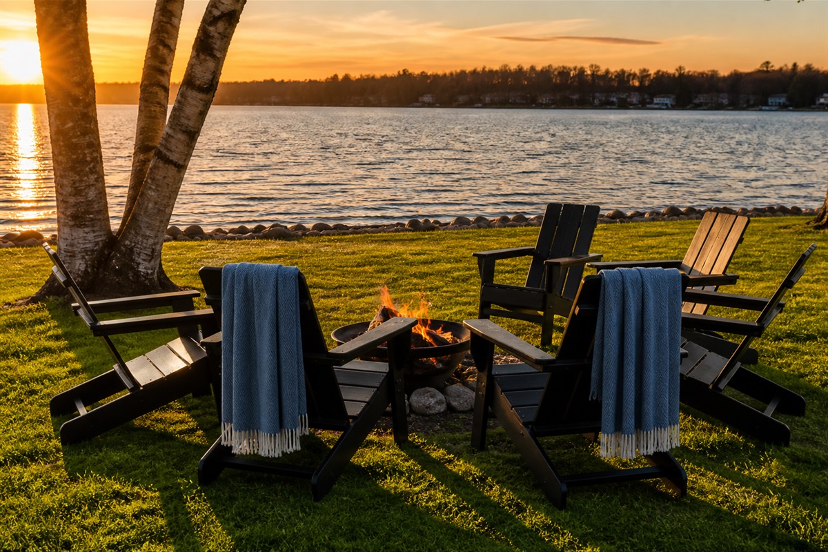 Sit back and relax around the firepit as you watch the sunset over Lake Ann.