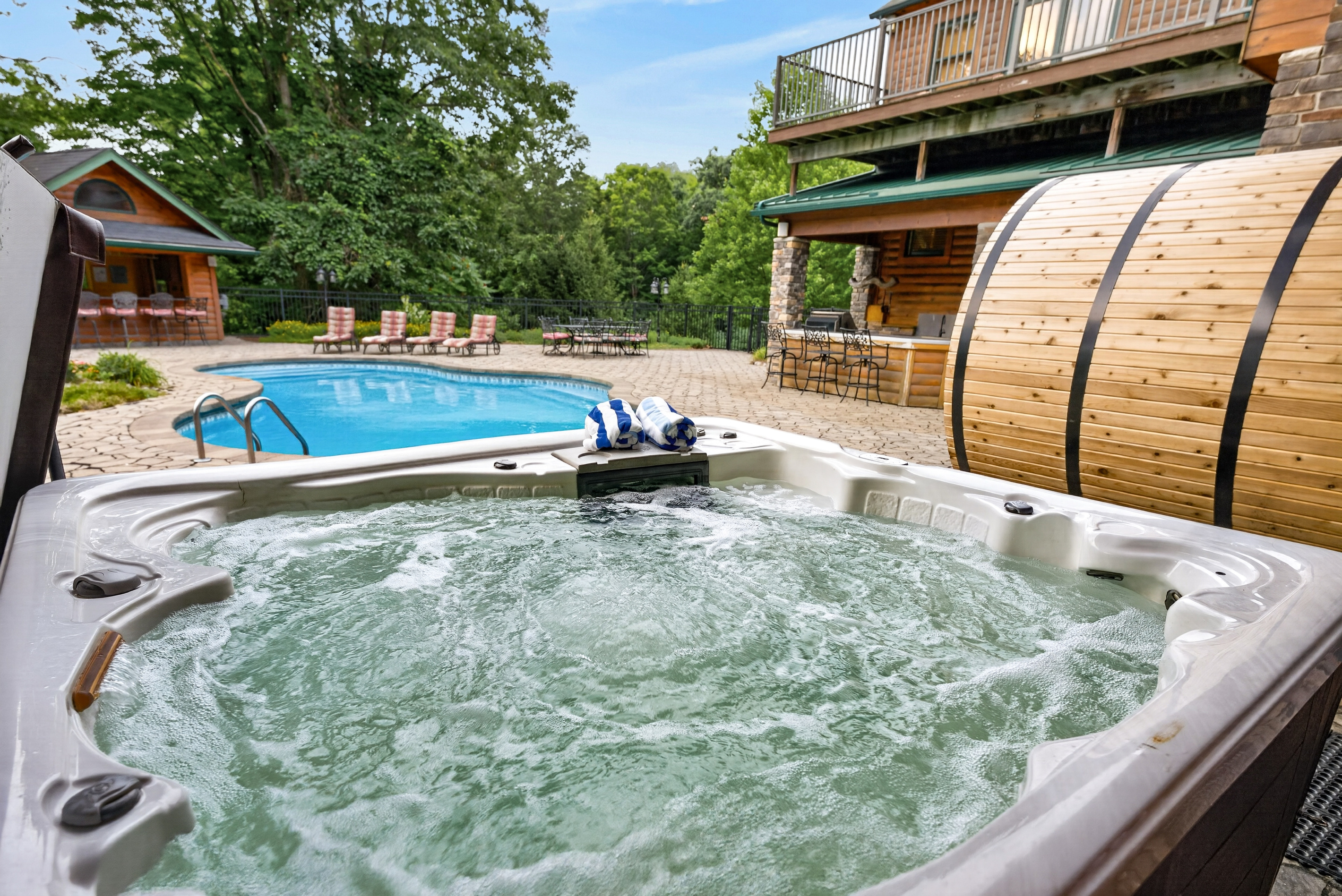 Hot tub and barrel sauna