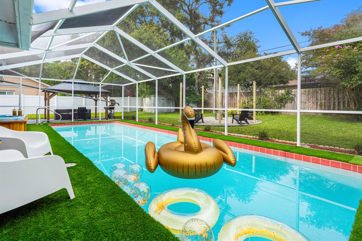 Enjoy daytime splashes or unwind under the glowing sunset canopy—your private oasis is always open.