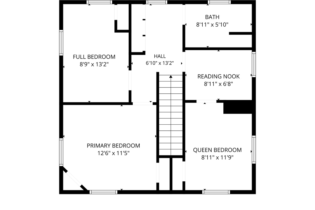 Visualize your family's sleeping arrangements on the upper level of "A Stone's Throw." Positioned perfectly for visiting Mount Desert Island, this floor plan highlights the three private bedrooms, central reading nook, and shared full bathroom.