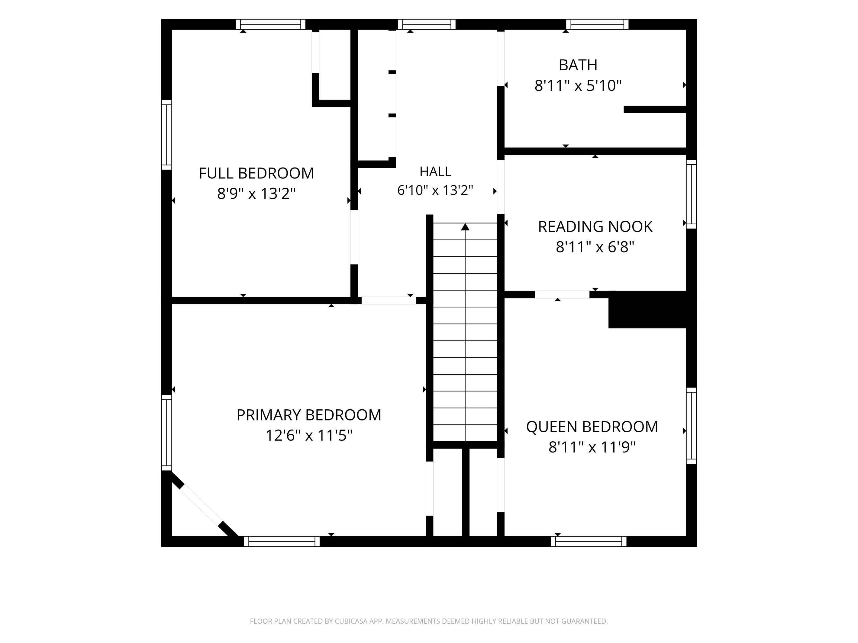 Visualize your family's sleeping arrangements on the upper level of "A Stone's Throw." Positioned perfectly for visiting Mount Desert Island, this floor plan highlights the three private bedrooms, central reading nook, and shared full bathroom.
