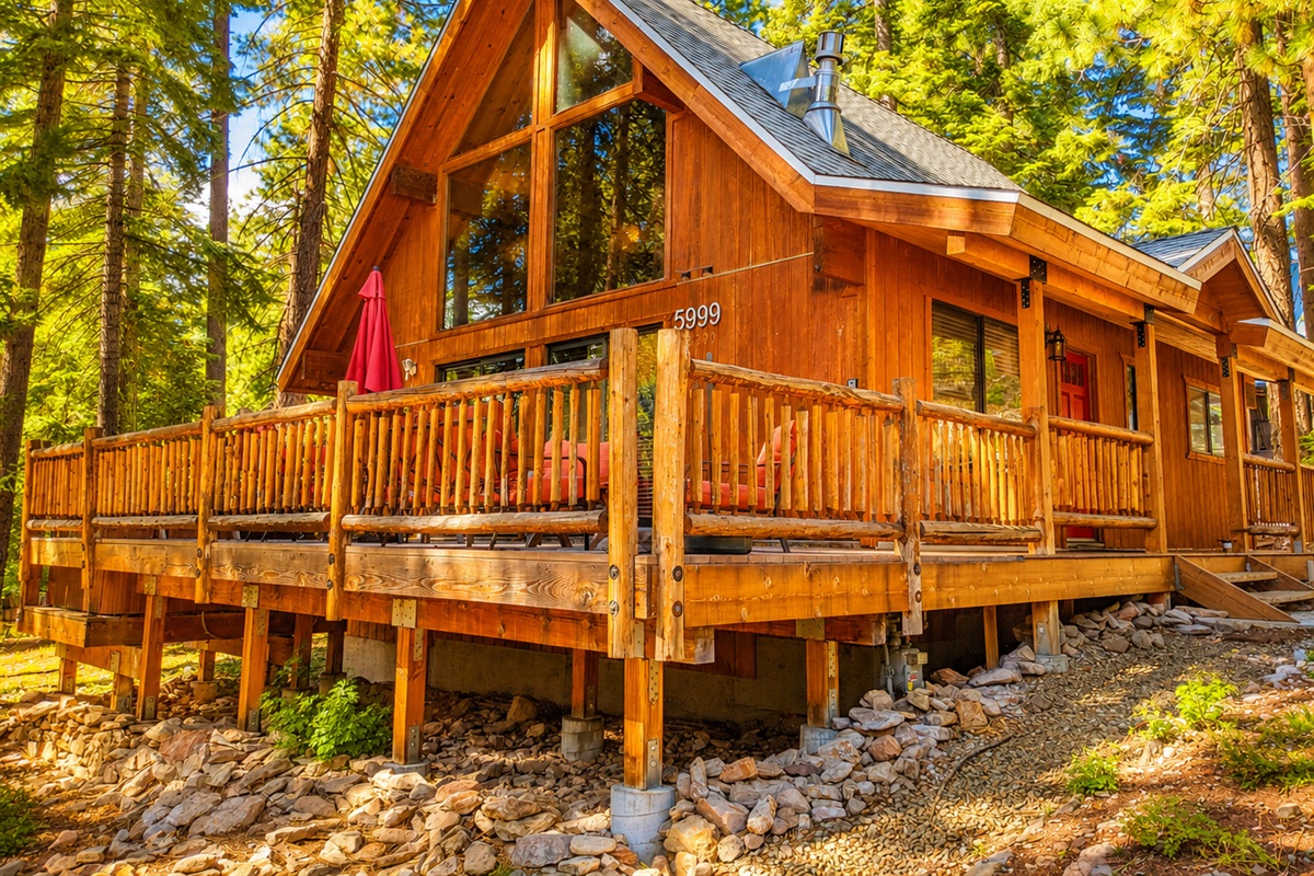 Our "Baby" cabin is a classic A frame structure with a covered front walkway and large deck.  It's nestled into the pines in Carnelian Bay/ Agate Bay North Lake Tahoe.