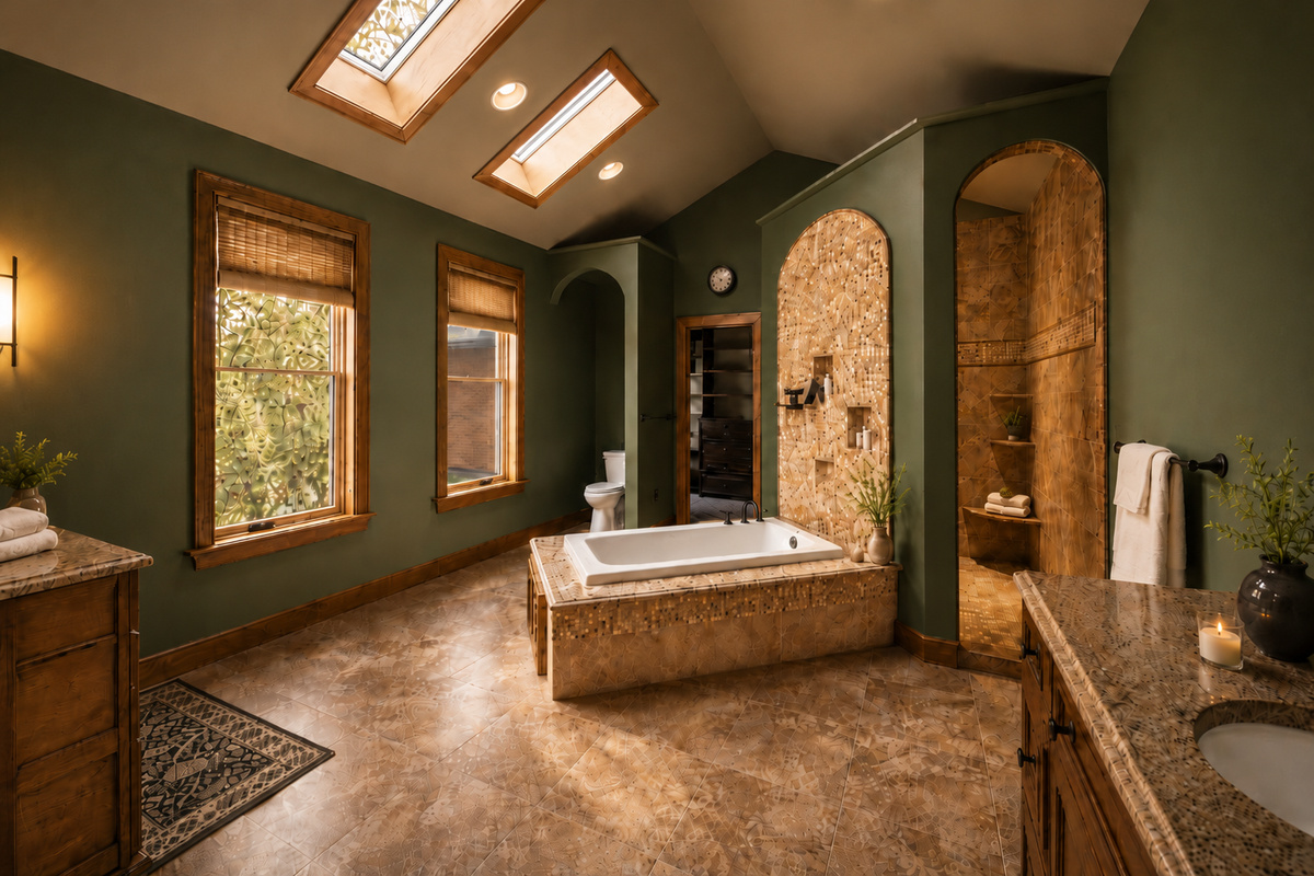 {Master Bathroom} A spa-inspired retreat featuring a deep soaking tub, oversized walk-in shower, and warm natural finishes—the perfect place to unwind after a day exploring Pisgah Forest.