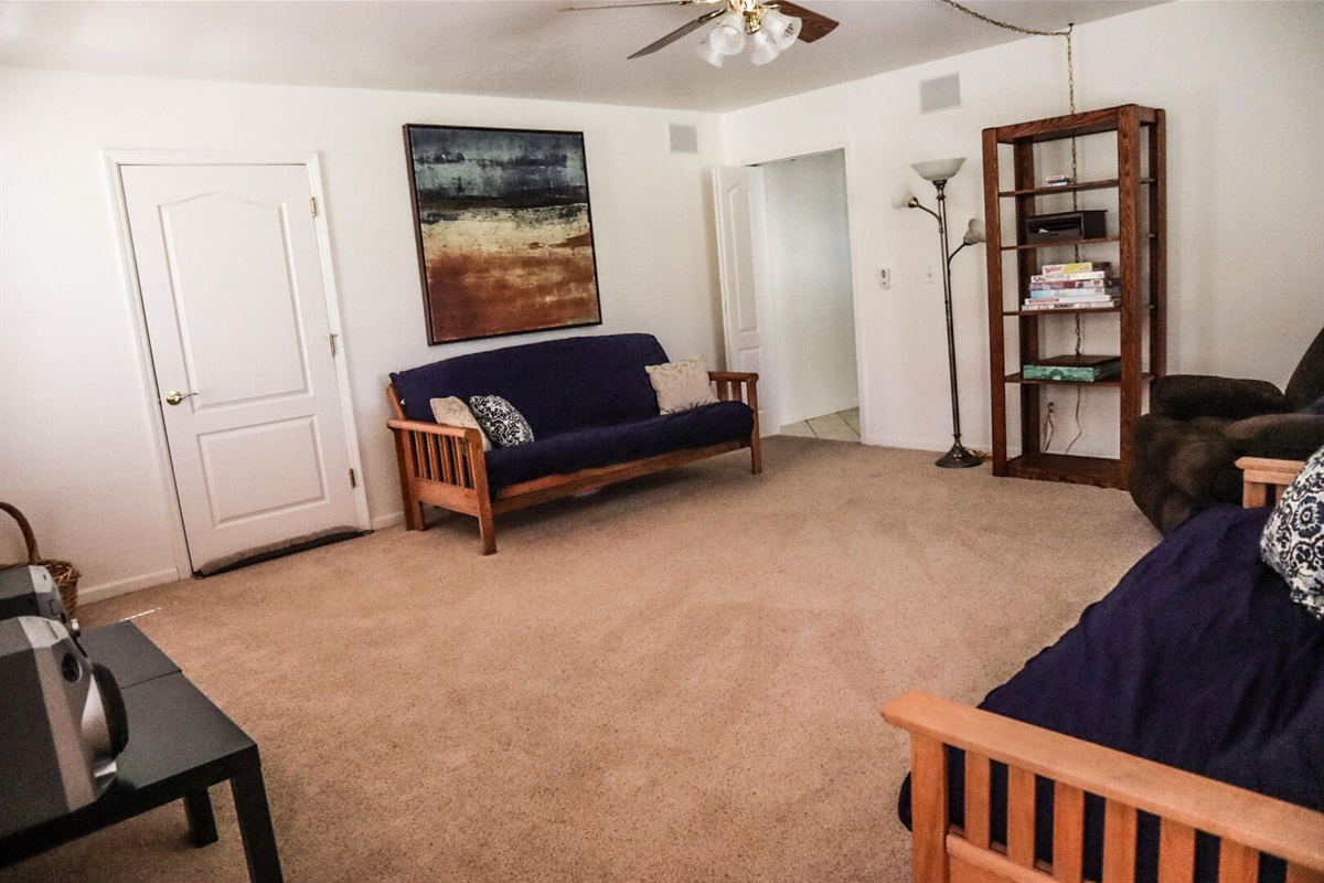 Downstairs rec room with 2 futons and 2 air mattresses.