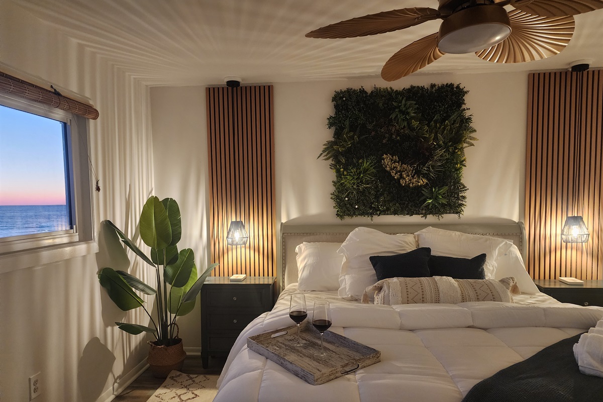 Bed side pendulum lights give a really cozy vibe as the sun sets and the day turns to night