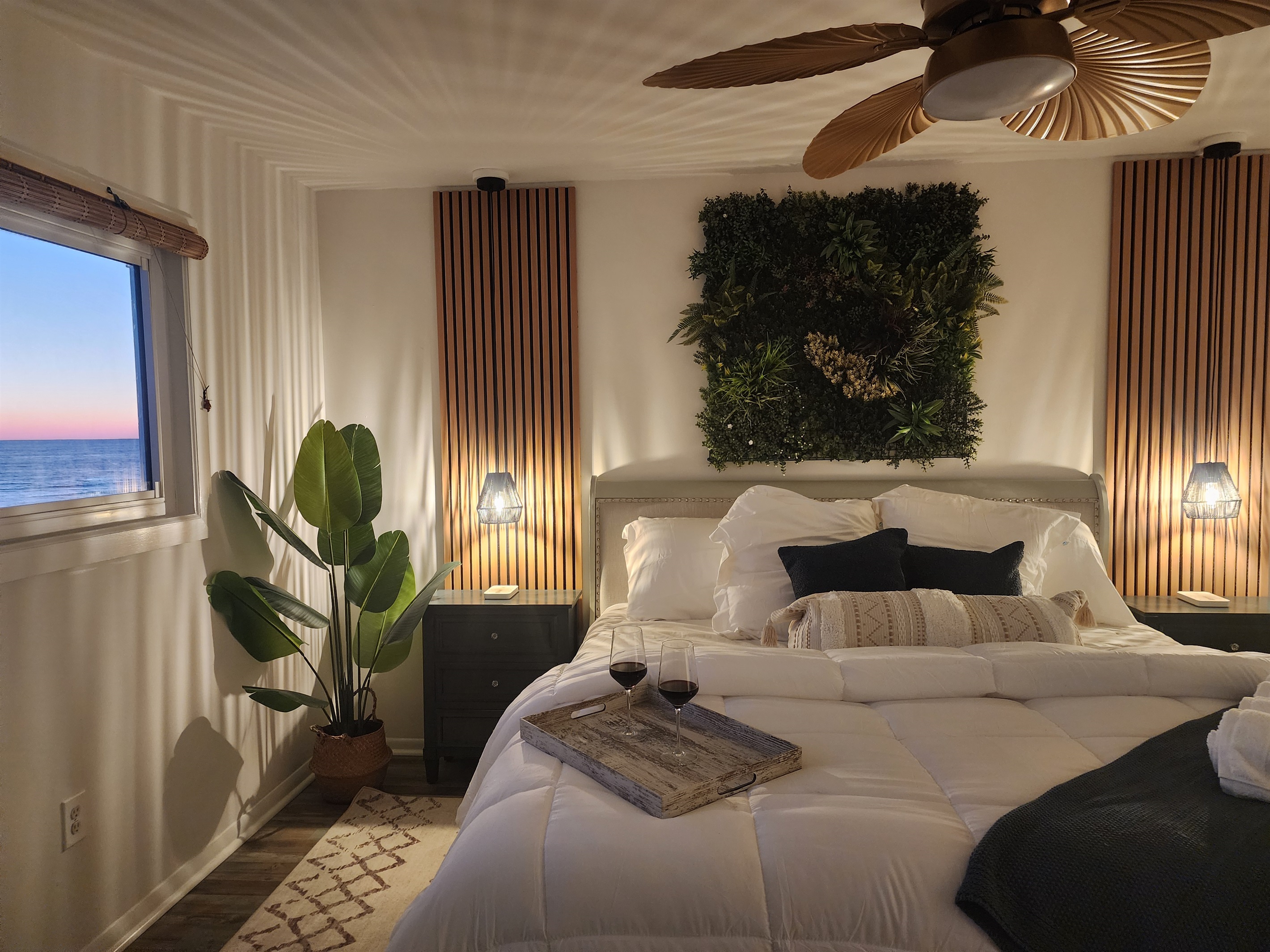 Bed side pendulum lights give a really cozy vibe as the sun sets and the day turns to night