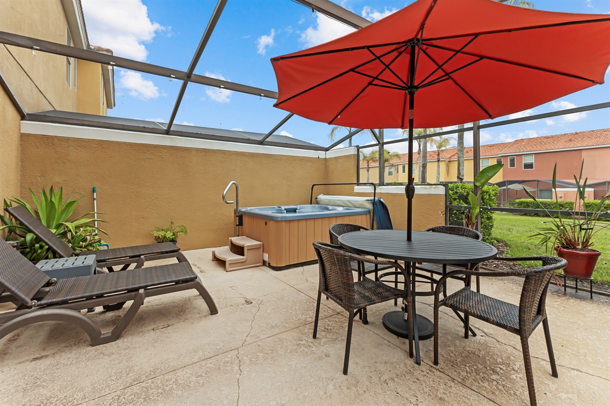 Lounge Seating and Private Hot Tub along with an outdoor dining option.