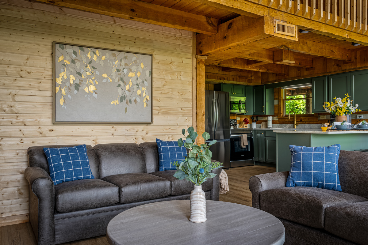 Comfortable couches in the the main level family room, just off the kitchen.