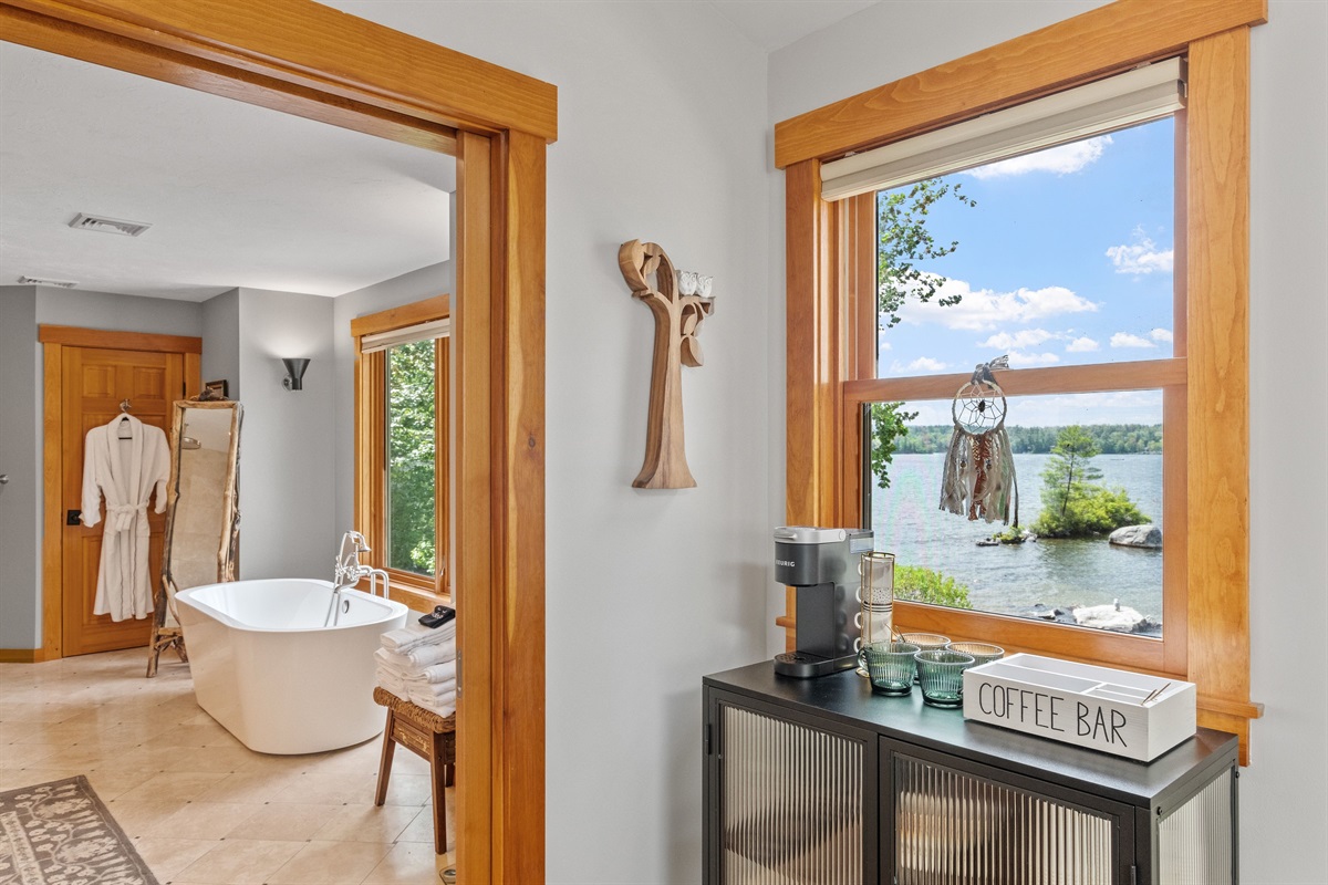 Cofee station in the second floor master bedroom ensuite with king bed and couch and its own bathroom