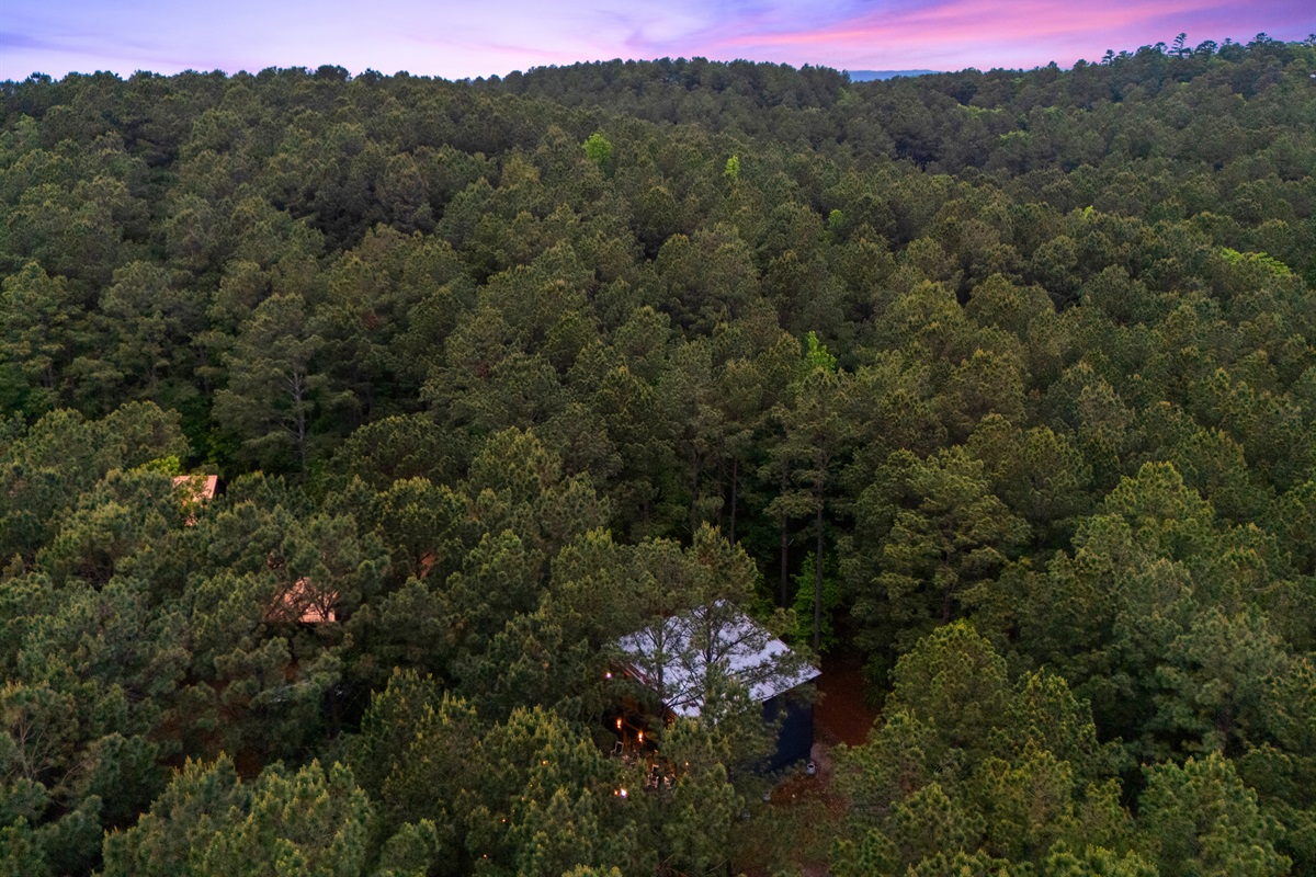 This final aerial shot captures the full setting, giving you a sense of the quiet, wooded escape waiting here.