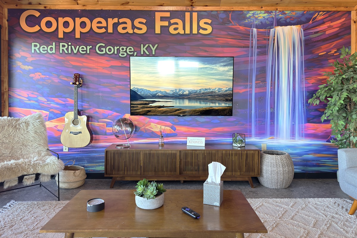 Upstairs living room with new mural