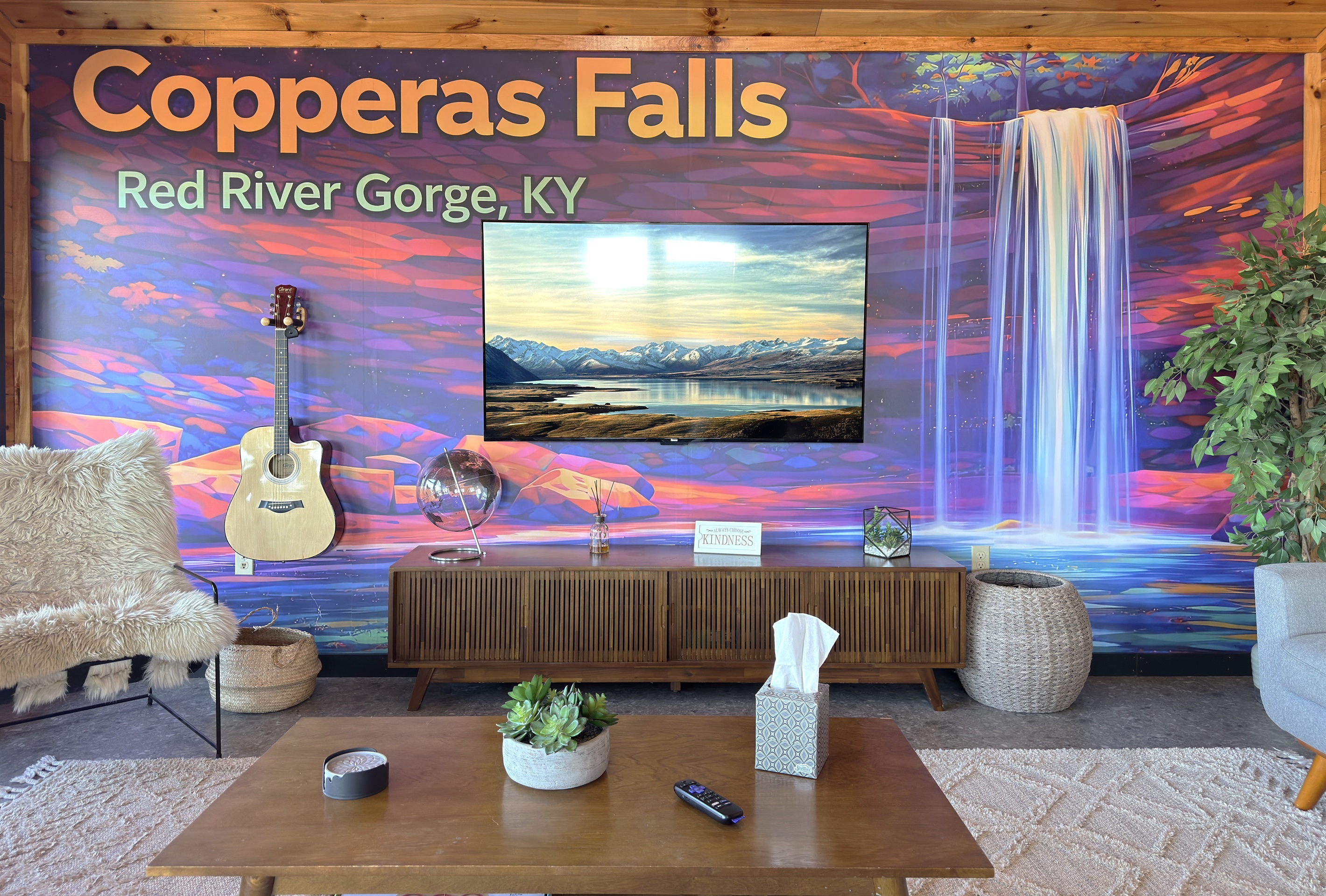 Upstairs living room with new mural