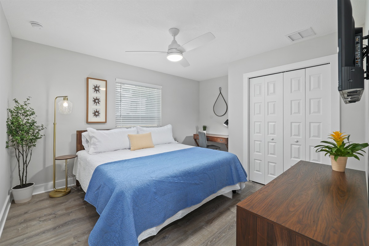 Blue room includes a work station