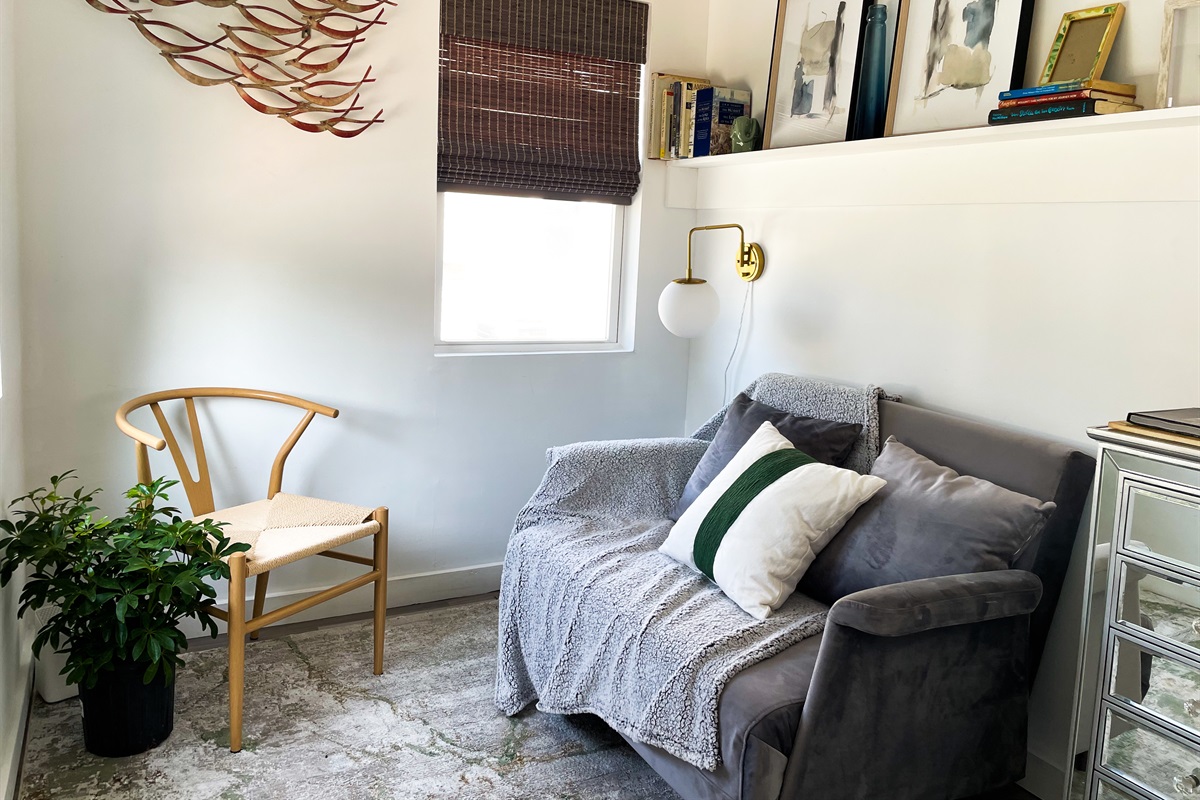 the half bedroom has a convertible sofa that turns into a large twin bed...almost a full!