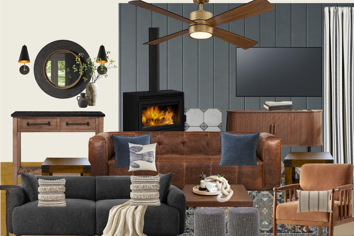 Living room design board (rendering, not exact)