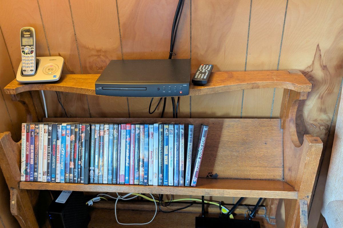 DVD collection and player in Trundle room