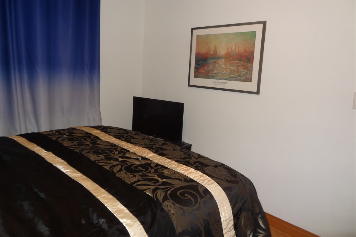 Queen bed with Roku TV